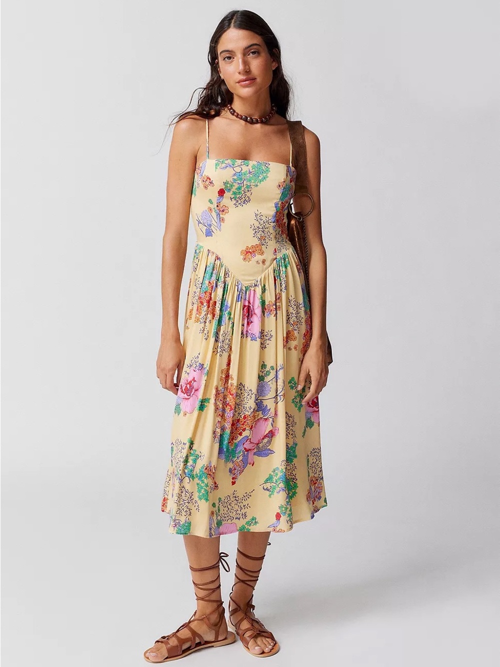 Urban Outfitters Sylvia Yellow Floral Prairie Midi Dress Corset Cottagecore - Picture 2 of 16